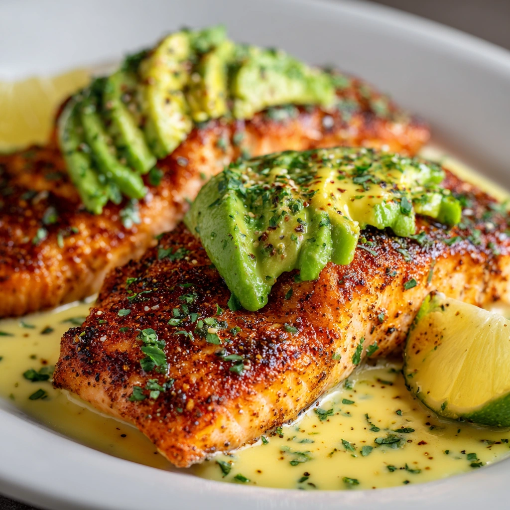Baked Cajun Salmon with Creamy Avocado Lime Sauce delights!