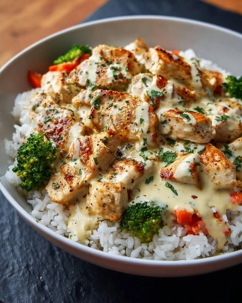 Chicken & Rice Bowls with Creamy Garlic Sauce