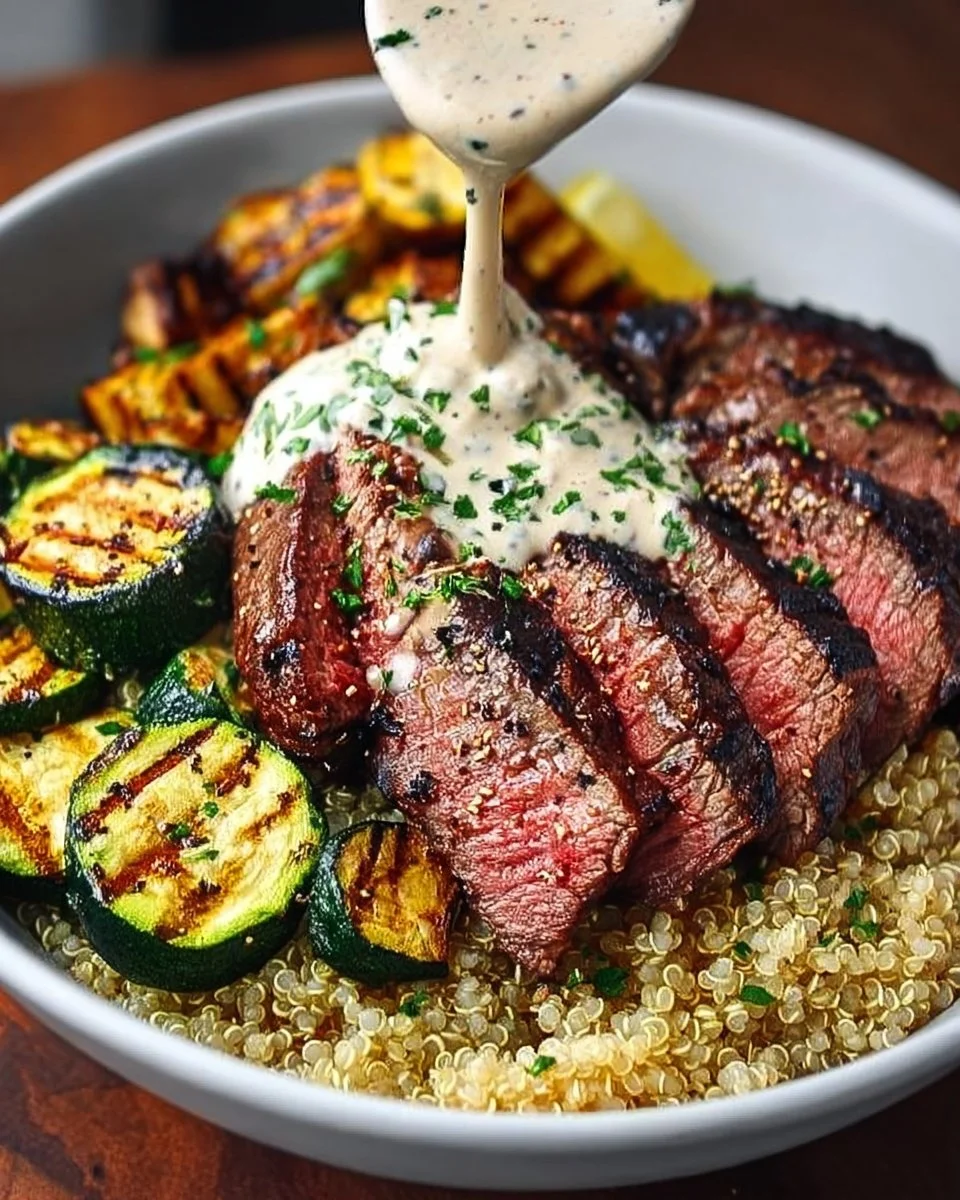 Grilled Steak Bowl with Creamy Sauce & Grilled Zucchini