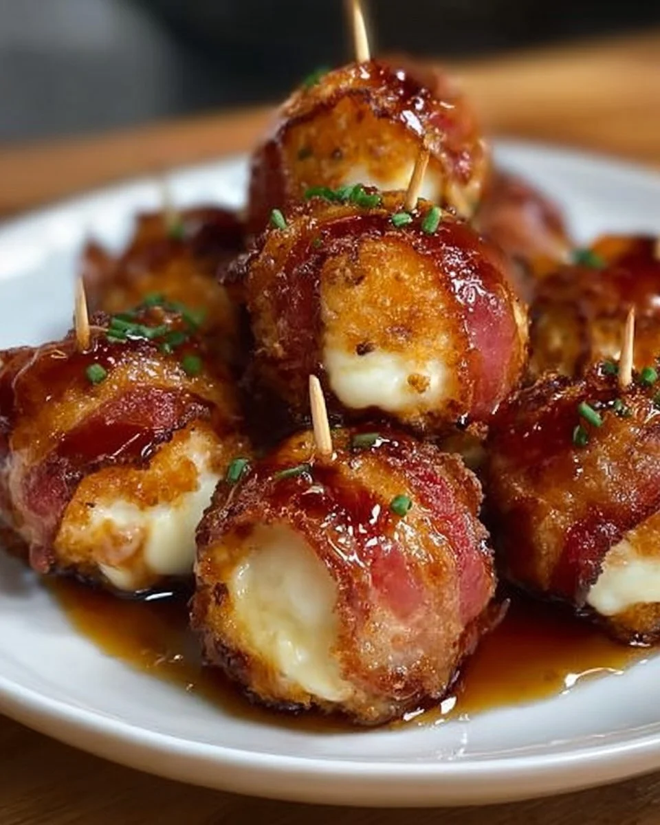 Crispy bacon mozzarella poppers with a sweet glaze on a plate