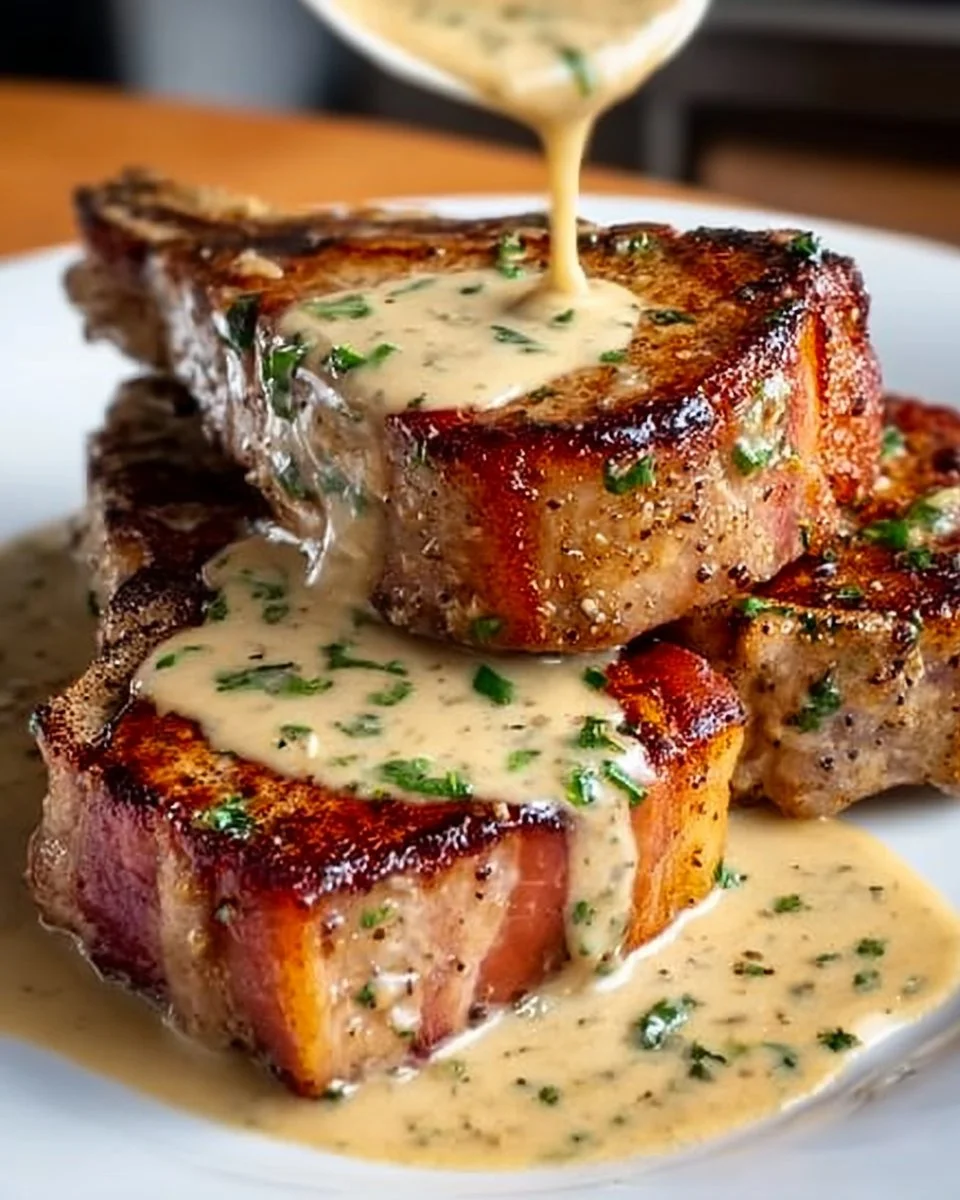 Indulge in Maple Bacon Pork Chops with Dijon Cream Sauce