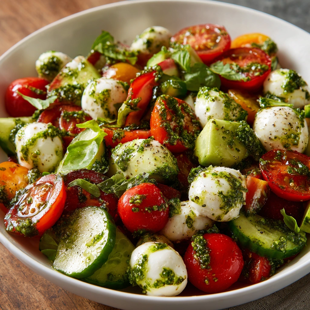 Tomato Cucumber Avocado Salad with Mozzarella and Basil Pesto: Refreshing Bliss Await!
