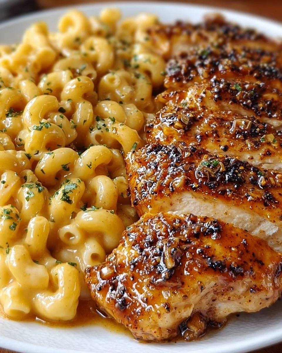 Sweet and Spicy Honey Pepper Chicken with Creamy Mac and Cheese