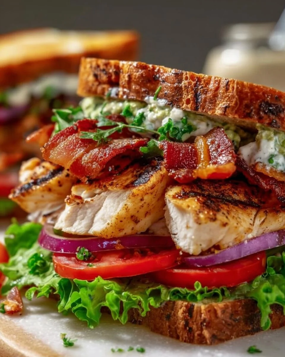 Ultimate Loaded Chicken Club Sandwich with Crispy Bacon and Avocado Ranch Spread