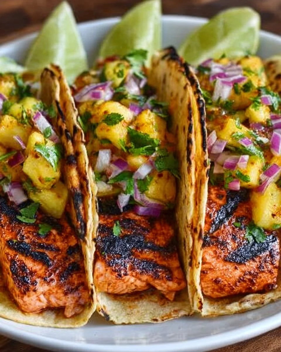 Chipotle Honey Salmon Tacos with Pineapple Salsa Recipe