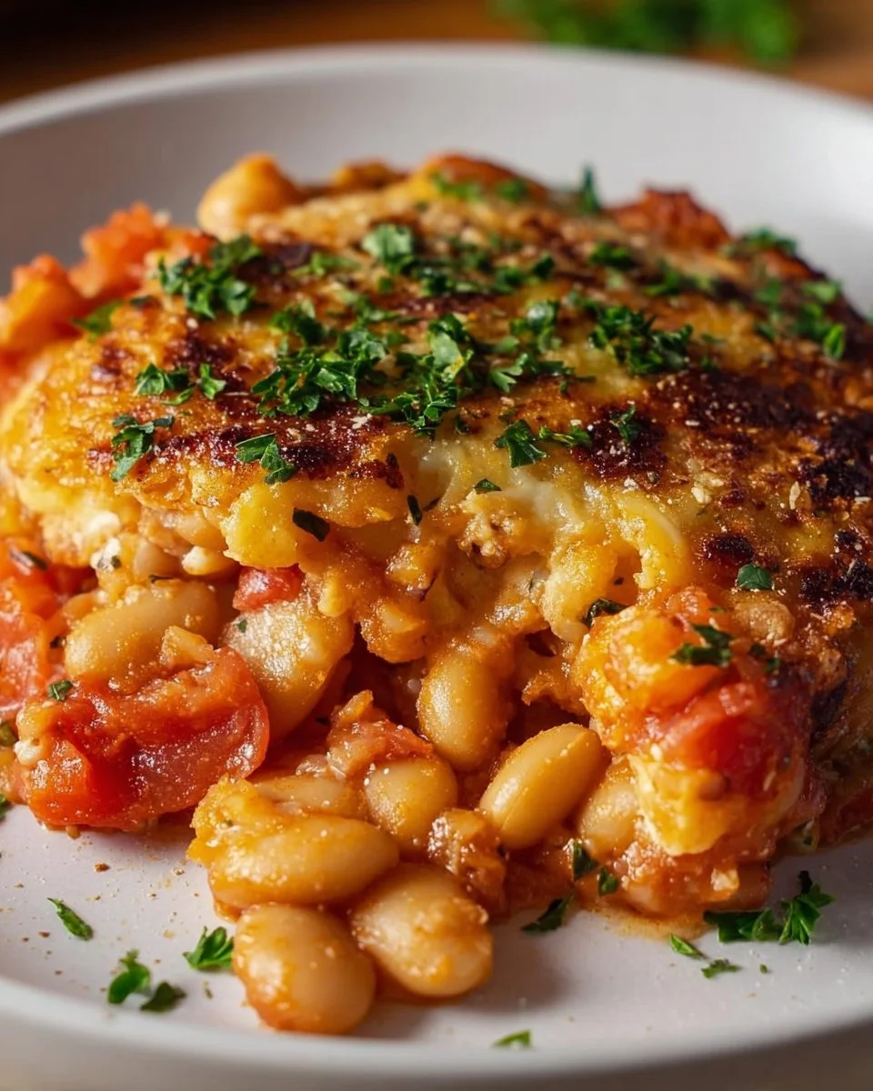 Hearty Cheesy White Bean Tomato Bake