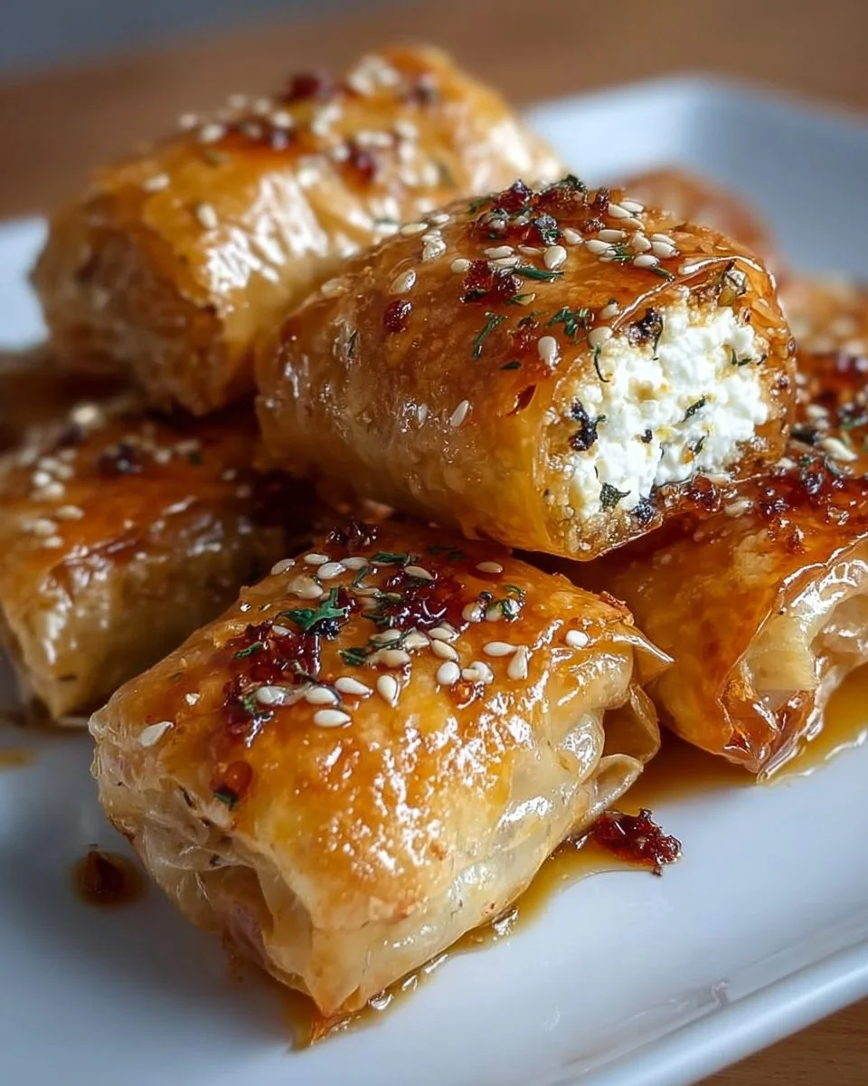 Oven Fried Feta Rolls with Chili Honey Drizzle