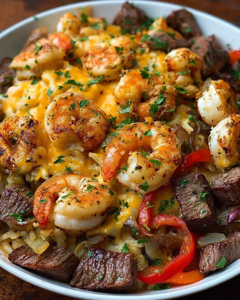 Cheesy Steak &amp; Shrimp Skillet Bowl