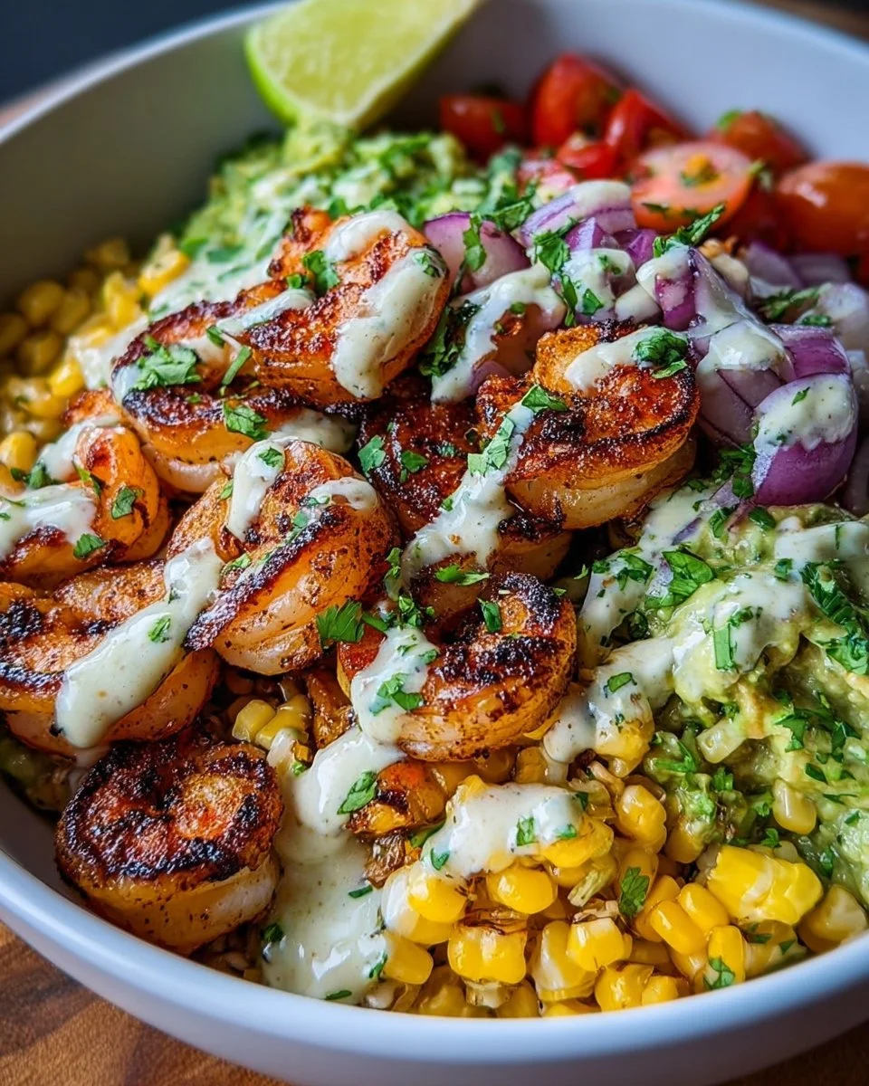 Grilled Shrimp Bowl with Avocado, Corn Salsa &amp; Creamy Garlic Sauce