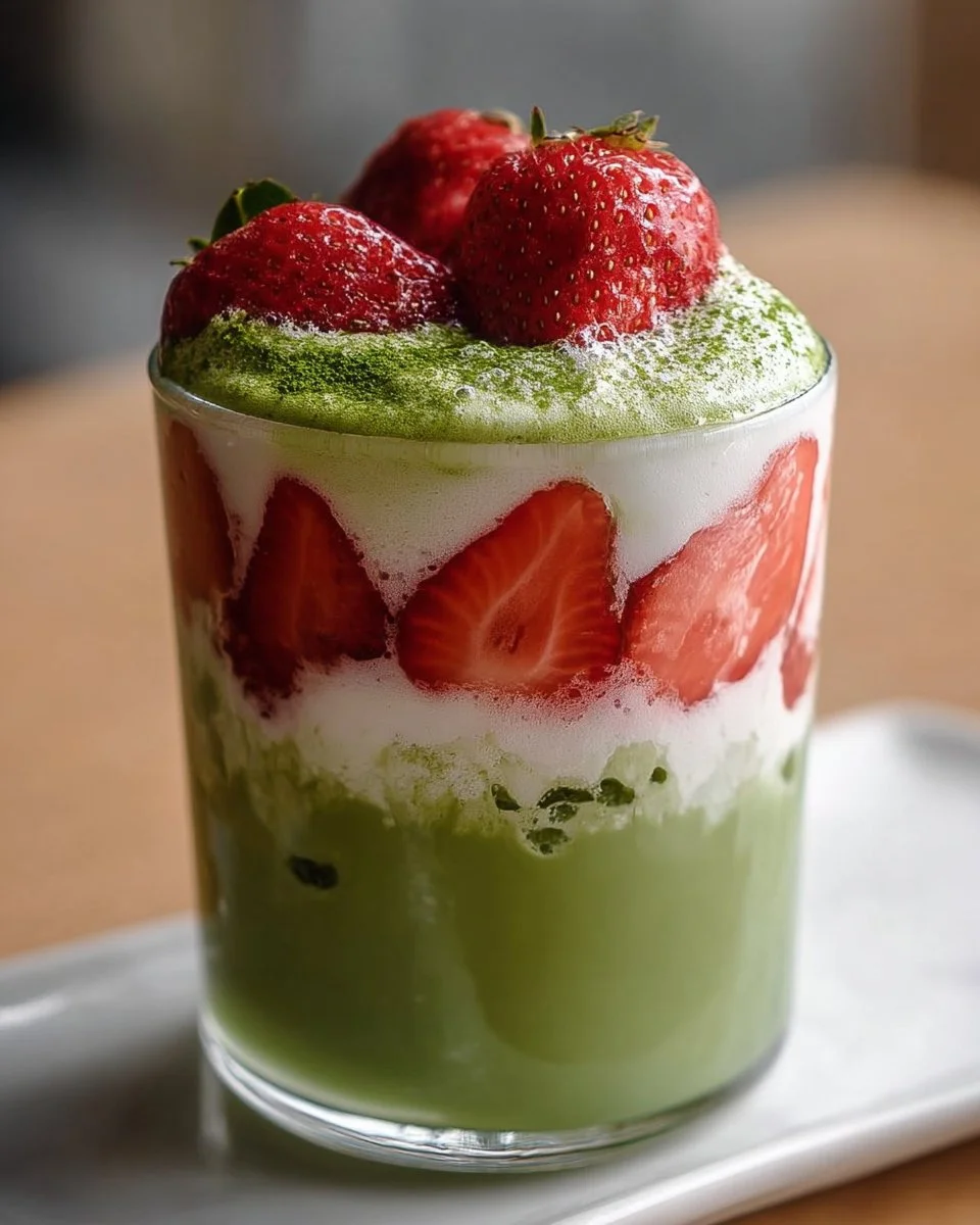 Icy Matcha Latte with Strawberry Foam in a glass