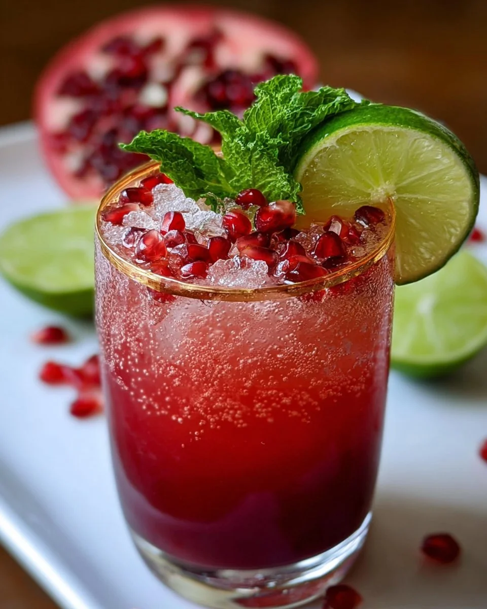 Refreshing Pomegranate Ginger Paloma cocktail with garnishes