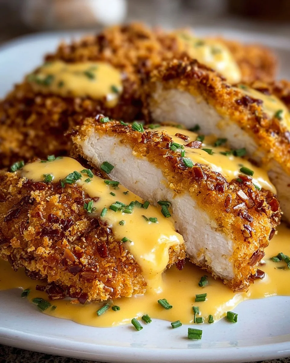 Pretzel-Crusted Chicken with Creamy Mustard Cheddar Sauce