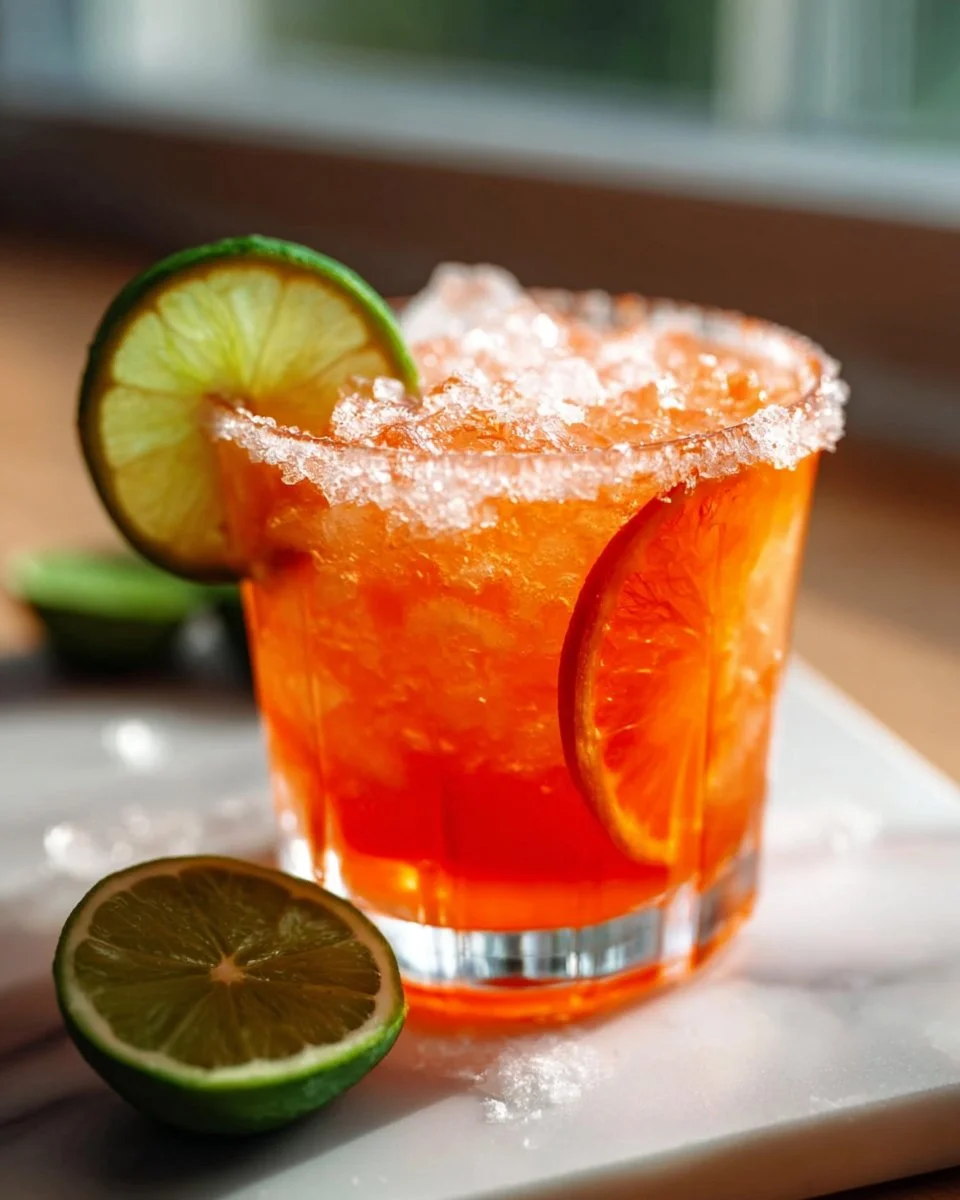 Aperol Margarita garnished with fresh lime and served in a stylish glass