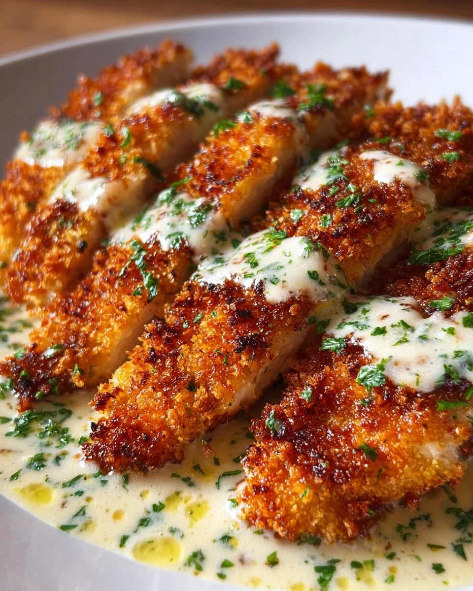 Crispy Parmesan Chicken with Creamy Garlic Sauce
