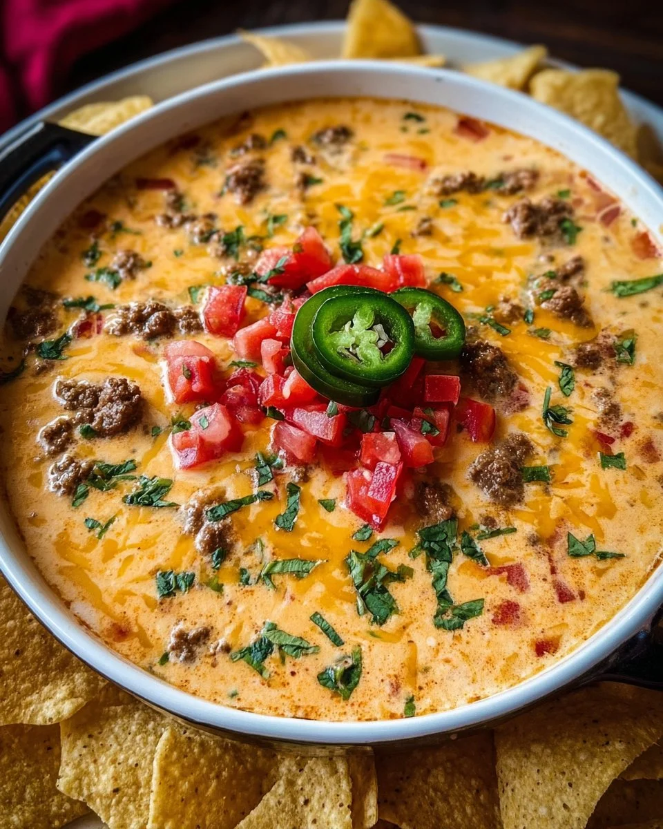 Hearty Loaded Cowboy Queso dip served with tortilla chips