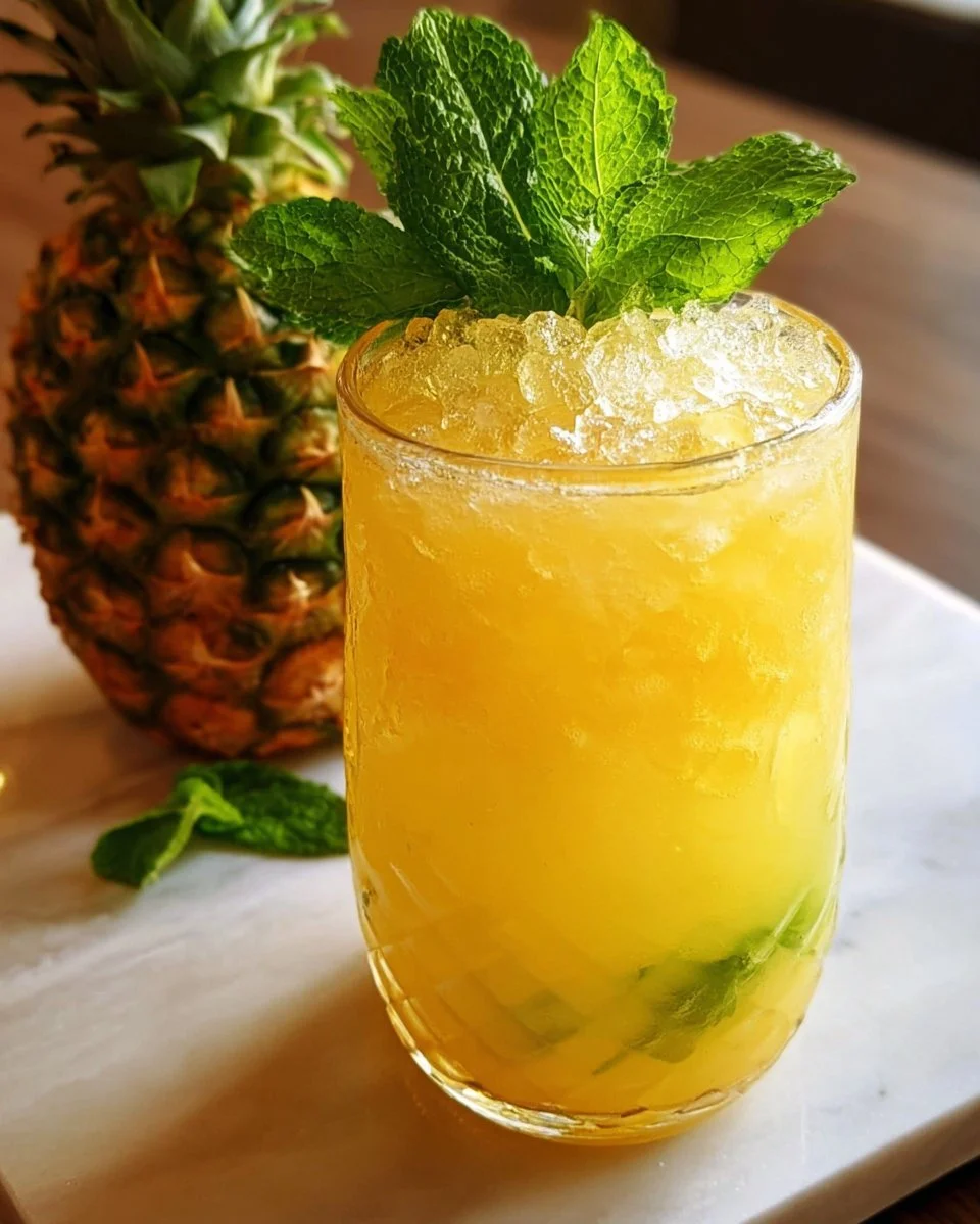 A glass of refreshing pineapple fresh water with slices of pineapple beside it.