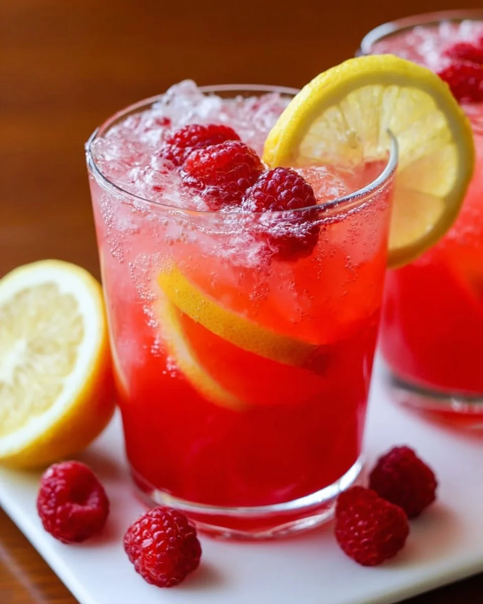 A refreshing glass of homemade raspberry lemonade with fresh raspberries and lemon slices