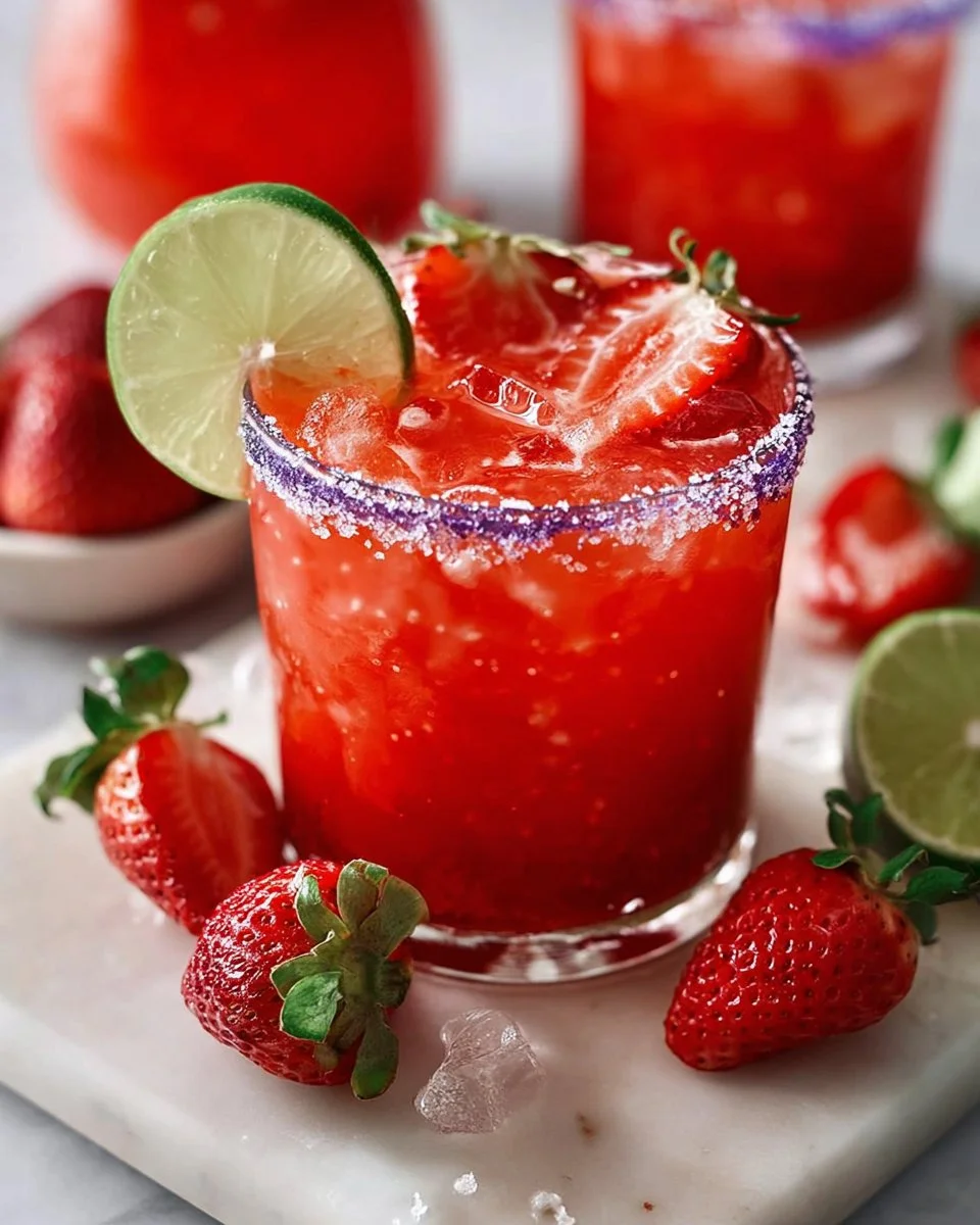 Refreshing strawberry margarita served in a cocktail glass with fresh strawberries.