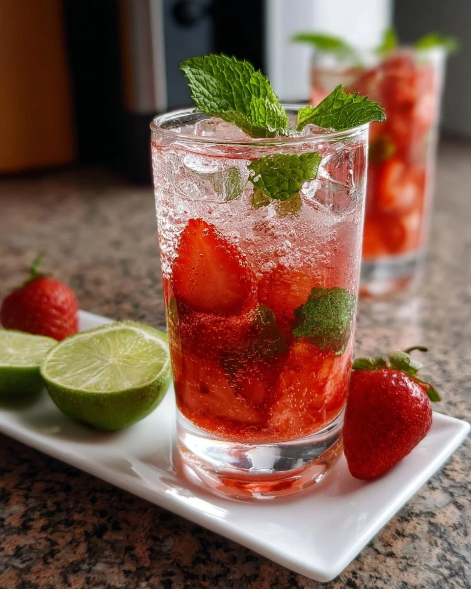 A refreshing Strawberry Mojito served in a glass with mint and lime.